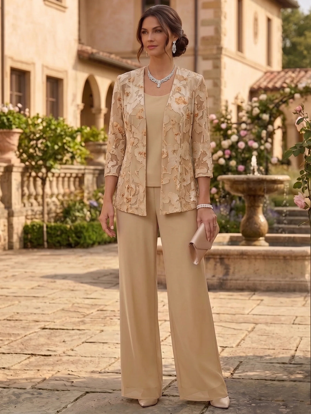 Robe Mère de la Mariée, 3 Pièces, Tailleur-Pantalon, Mousseline en Dentelle, Col Rond, Manches 3/4, Longueur au Sol, Florale