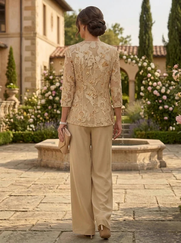 Robe Mère de la Mariée, 3 Pièces, Tailleur-Pantalon, Mousseline en Dentelle, Col Rond, Manches 3/4, Longueur au Sol, Florale