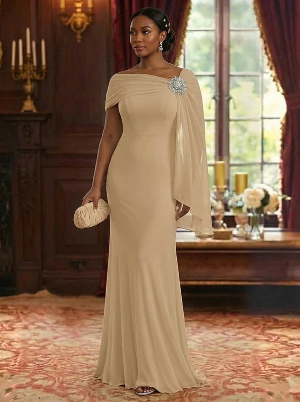 Robe Mère de la Mariée, Gaine/Colonne, Mousseline, Col Asymétrique, Manches Cape, Longueur au Sol, Froncée