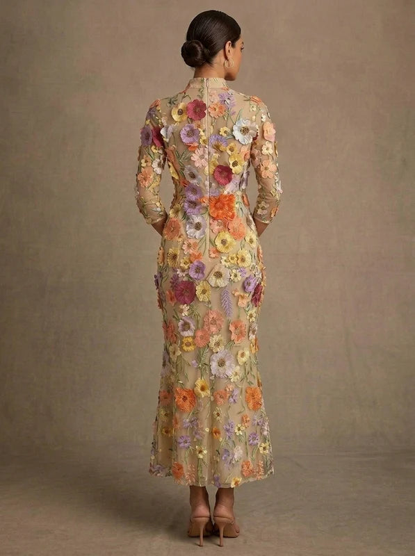 Robe Mère de la Mariée, Broderie en Dentelle, Gaine/Colonne, Col en V, Manches 3/4, Longueur du Thé, Florale