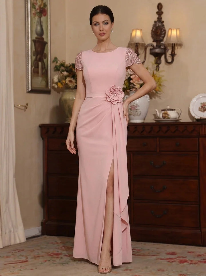 Robe Mère de la Mariée, Gaine/Colonne, Mousseline Élastique, Col Rond, Manches Courtes, Longueur au Sol, avev Fleurs 3D et Fente Latérale