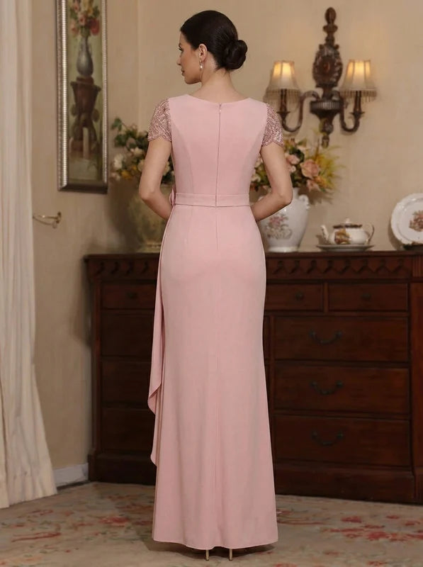 Robe Mère de la Mariée, Gaine/Colonne, Mousseline Élastique, Col Rond, Manches Courtes, Longueur au Sol, avev Fleurs 3D et Fente Latérale