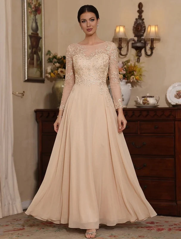 Robe Mère de la Mariée, Ligne A/Princesse, Mousseline, Col Rond, Manches Longues, Longueur de la Cheville, Dentelle Florale