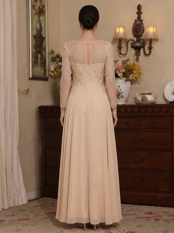 Robe Mère de la Mariée, Ligne A/Princesse, Mousseline, Col Rond, Manches Longues, Longueur de la Cheville, Dentelle Florale