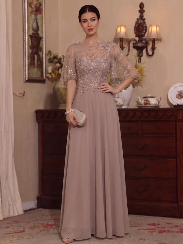 Robe Mère de la Mariée, Ligne A/Princesse, Mousseline, Col Rond, Manches Mi-Longues, Longueur au Sol, Florale
