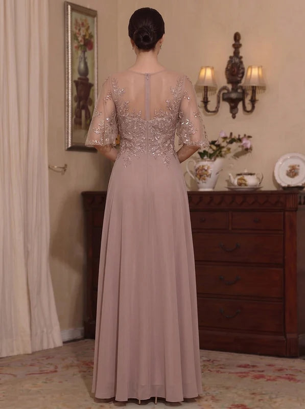 Robe Mère de la Mariée, Ligne A/Princesse, Mousseline, Col Rond, Manches Mi-Longues, Longueur au Sol, Florale