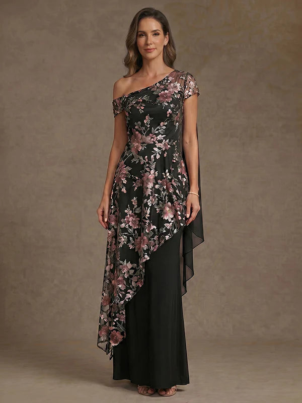 Robe Mère de la Mariée Florale en Mousseline, Gaine/Colonne, avec Col Asymétrique, Longueur au Sol, Manches Courtes, à Volants