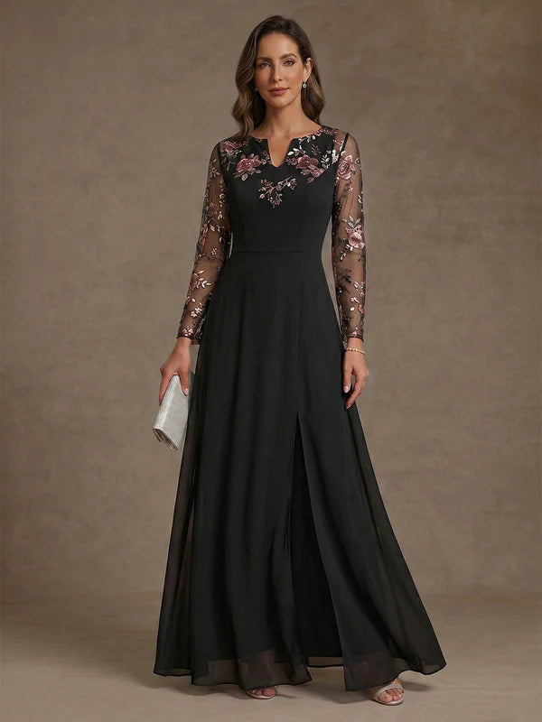 Robe Mère de la Mariée Florale en Mousseline, Ligne A/Princesse, Col en V, Longueur de la Cheville, Manches Longues