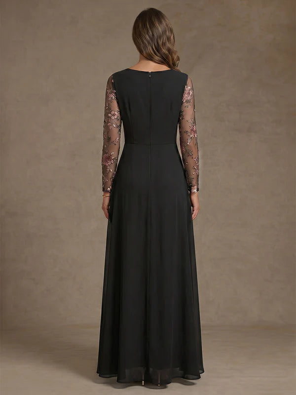 Robe Mère de la Mariée Florale en Mousseline, Ligne A/Princesse, Col en V, Longueur de la Cheville, Manches Longues