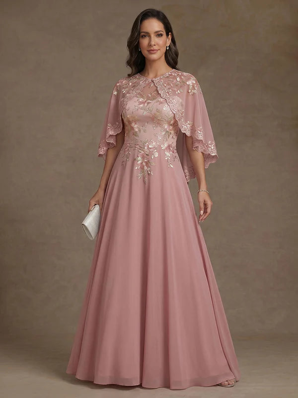 Robe Mère de la Mariée Florale en Mousseline, Ligne A/Princesse, Col Rond, Longueur au Sol, Sans Manches