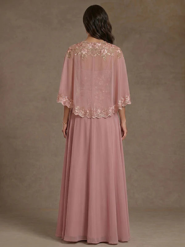 Robe Mère de la Mariée Florale en Mousseline, Ligne A/Princesse, Col Rond, Longueur au Sol, Sans Manches