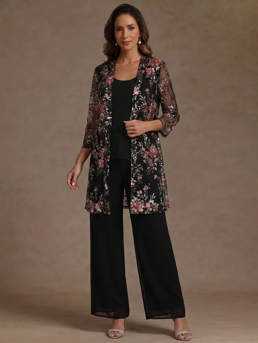3 Pièces Tailleur Pantalon Mère de la Mariée Florale en Mousseline, Col Rond, Longueur de la Cheville, avec Veste