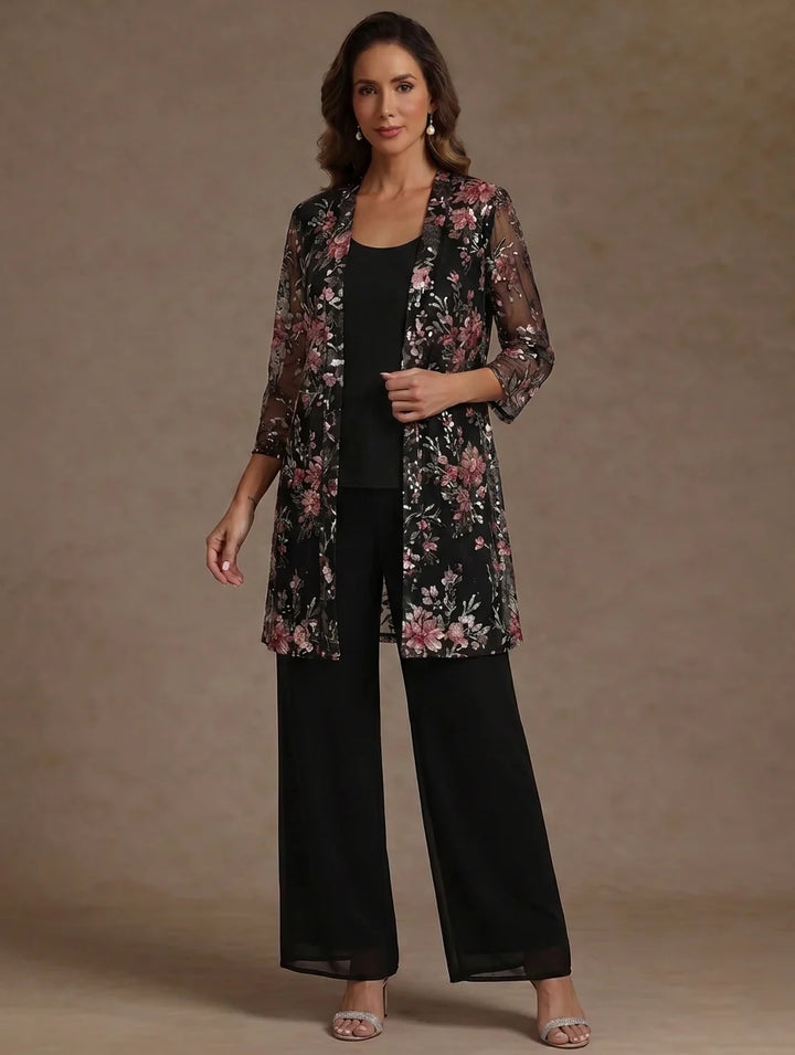 3 Pièces Tailleur Pantalon Mère de la Mariée Florale en Mousseline, Col Rond, Longueur de la Cheville, avec Veste