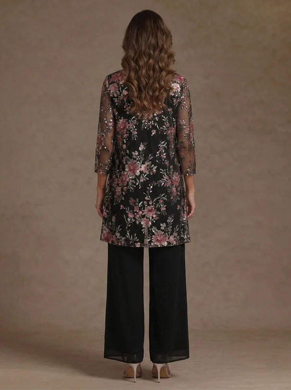 3 Pièces Tailleur Pantalon Mère de la Mariée Florale en Mousseline, Col Rond, Longueur de la Cheville, avec Veste