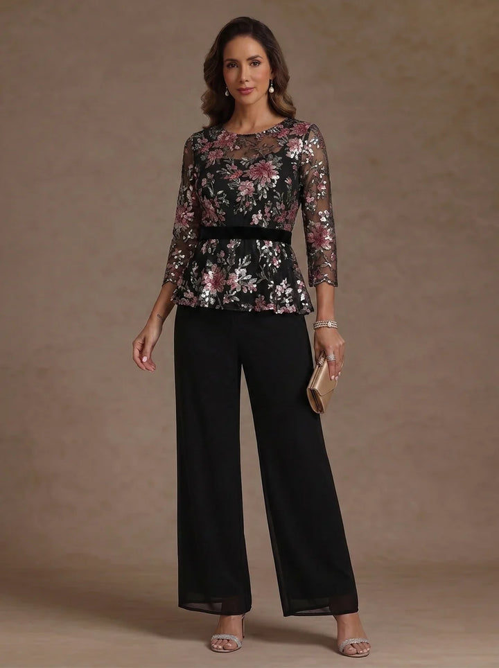 3 Pièces Tailleur Pantalon Mère de la Mariée Florale en Mousseline, Col Rond, Longueur de la Cheville, Manches 3/4