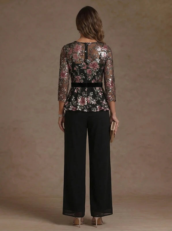 3 Pièces Tailleur Pantalon Mère de la Mariée Florale en Mousseline, Col Rond, Longueur de la Cheville, Manches 3/4
