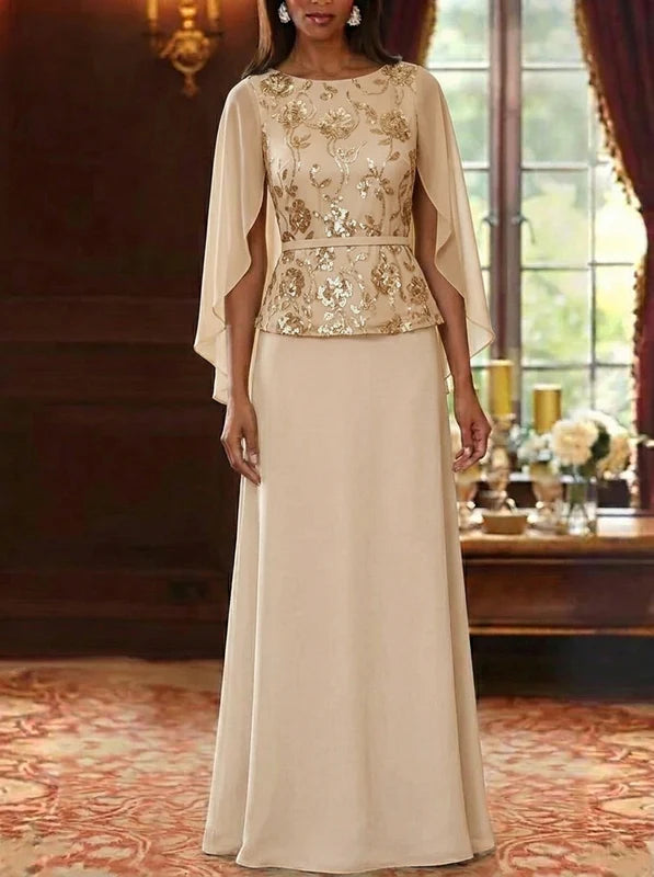 Robe Mère de la Mariée Florale en Mousseline, Ligne A/Princesse, Col Rond, Manches Cape, Longueur au Sol, à Paillettes