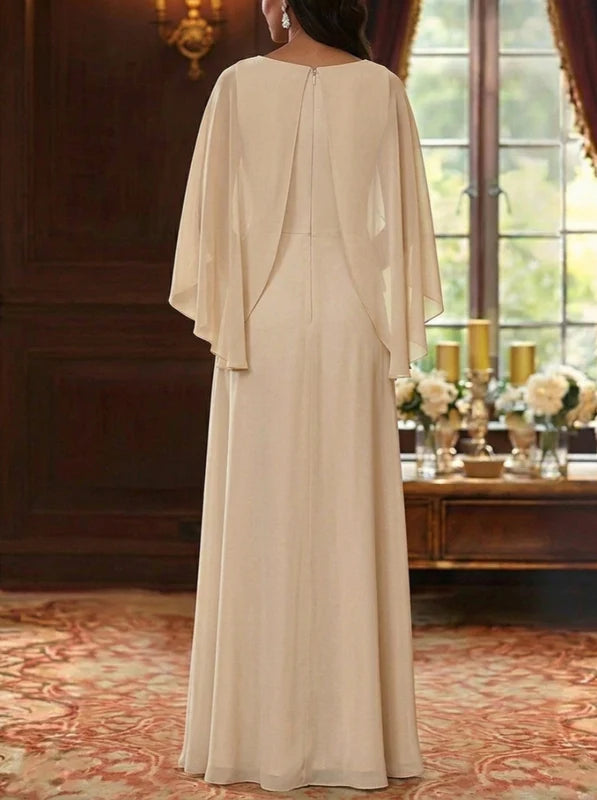 Robe Mère de la Mariée Florale en Mousseline, Ligne A/Princesse, Col Rond, Manches Cape, Longueur au Sol, à Paillettes