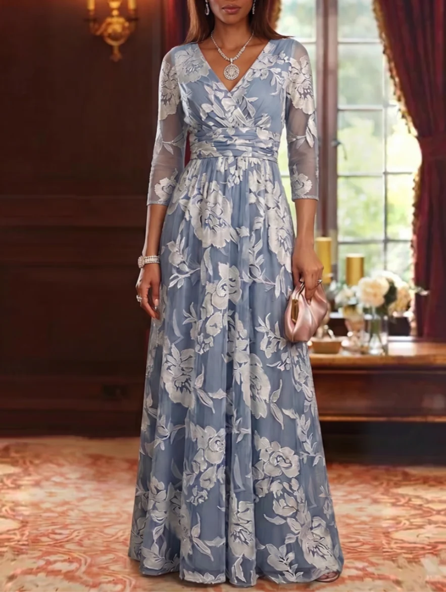 Robe Mère de la Mariée Florale en Tissu Burnout, Ligne A/Princesse, Col en V, Manches 3/4, Longueur au Sol