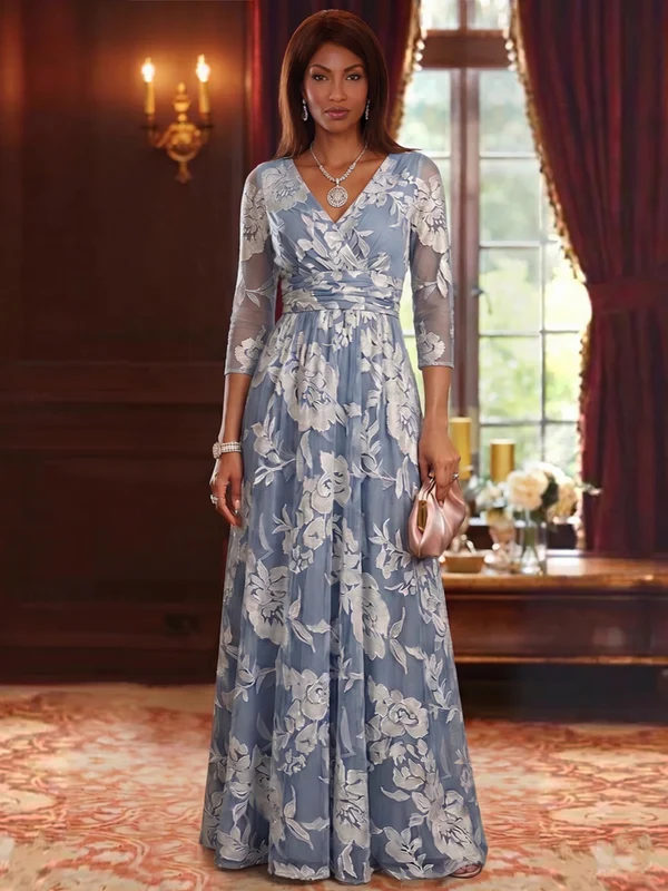 Robe Mère de la Mariée Florale en Tissu Burnout, Ligne A/Princesse, Col en V, Manches 3/4, Longueur au Sol