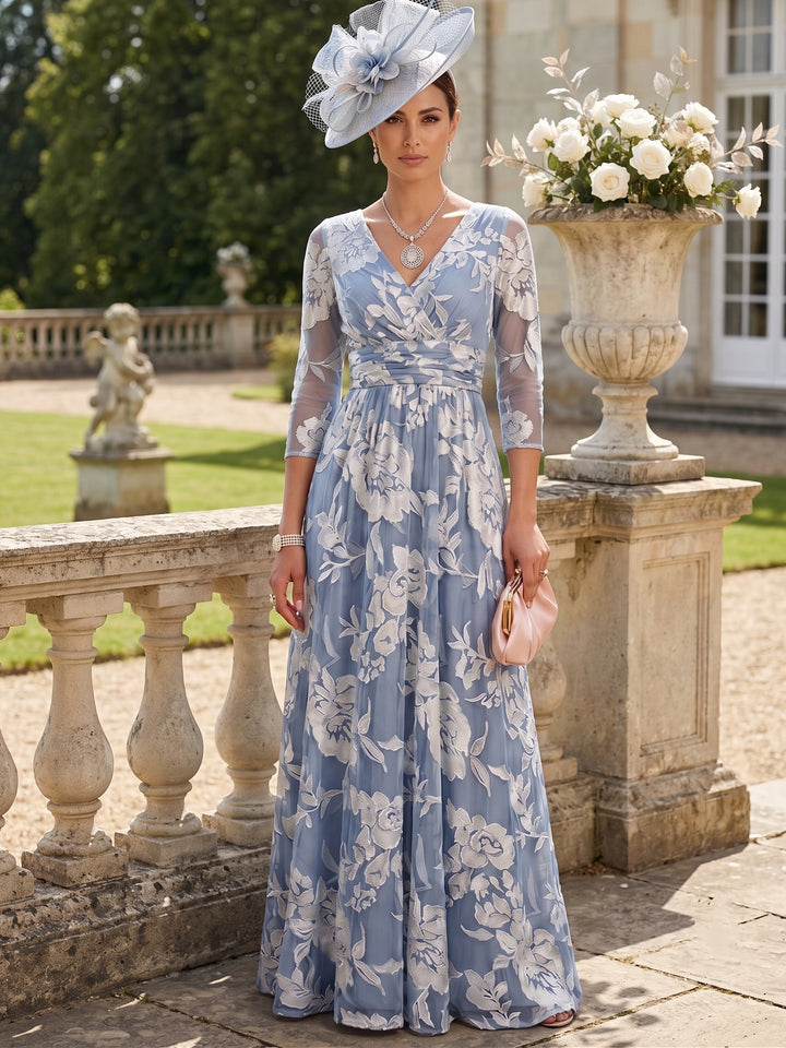 Robe Mère de la Mariée Florale en Tissu Burnout, Ligne A/Princesse, Col en V, Manches 3/4, Longueur au Sol