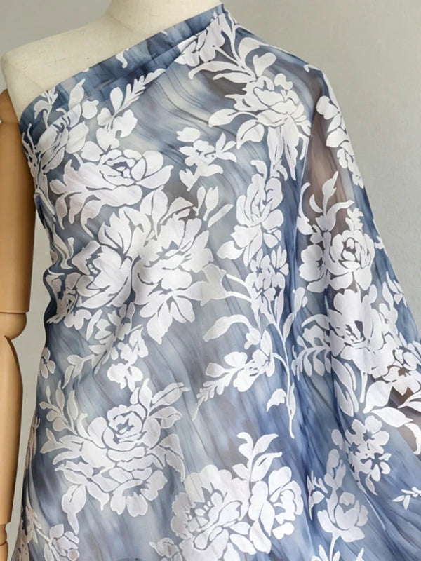 Robe Mère de la Mariée Florale en Tissu Burnout, Ligne A/Princesse, Col en V, Manches 3/4, Longueur au Sol