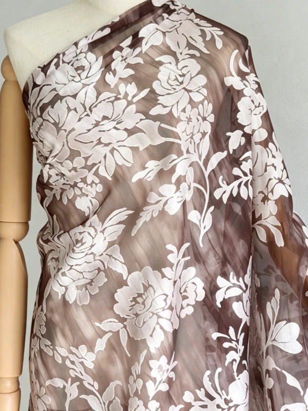 Robe 2 Pièces Mère de la Mariée Florale en Mousseline à Col Rond Ligne A/Princesse Longueur Midi Manches 3/4 à Volants