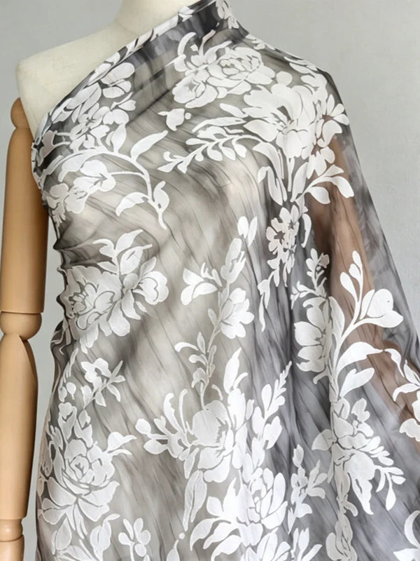 Robe Mère de la Mariée Florale en Tissu Burnout, Ligne A/Princesse, Col en V, Manches 3/4, Longueur au Sol