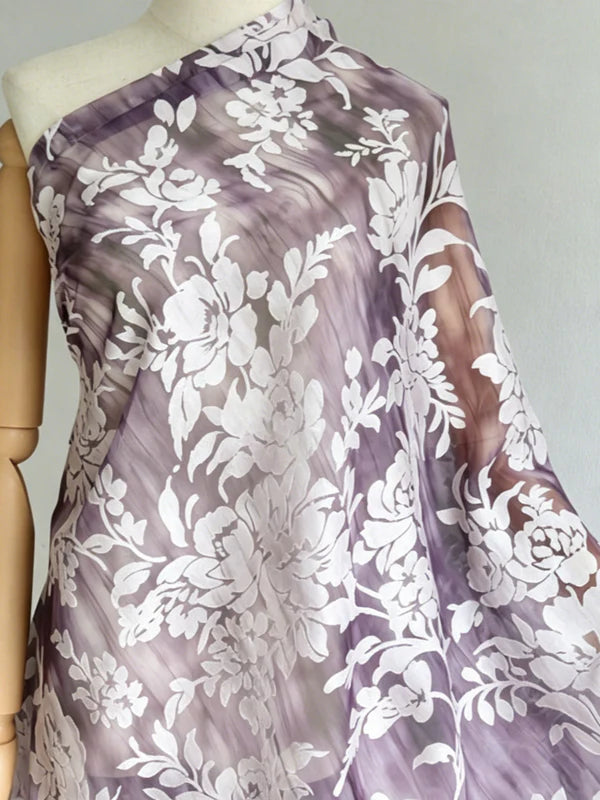 Robe Mère de la Mariée Florale en Tissu Burnout, Ligne A/Princesse, Col en V, Manches 3/4, Longueur au Sol
