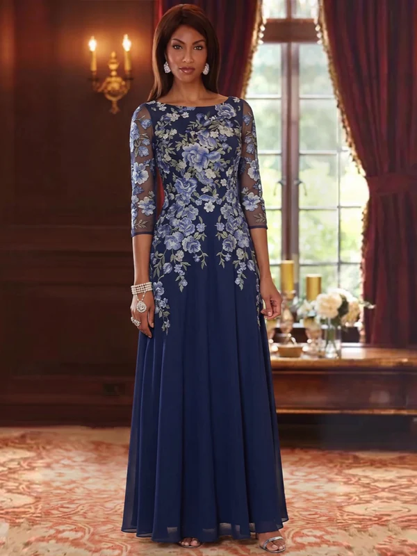 Robe Mère de la Mariée Florale en Mousseline, Ligne A/Princesse, Col Rond, Manches 3/4, Longueur au Sol