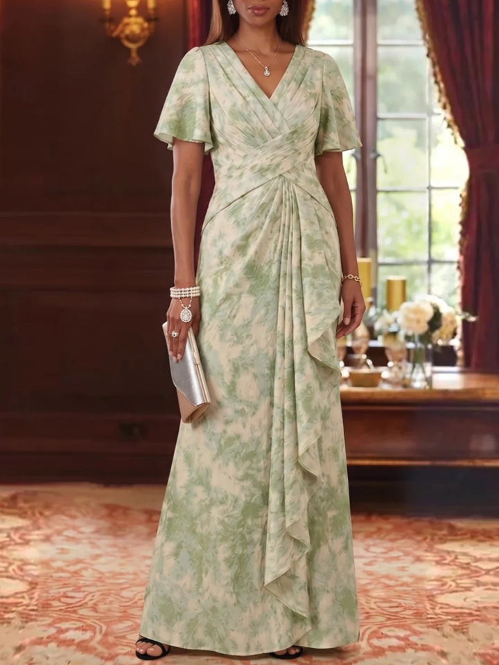 Robe Mère de la Mariée Florale en Jacquard, Ligne A/Princesse, Col en V, Manches Courtes, Longueur au Sol, à Volants