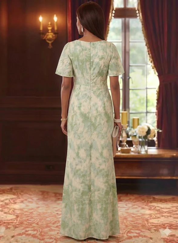 Robe Mère de la Mariée Florale en Jacquard, Ligne A/Princesse, Col en V, Manches Courtes, Longueur au Sol, à Volants