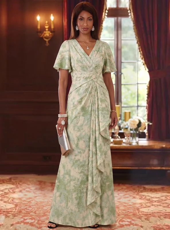 Robe Mère de la Mariée Florale en Jacquard, Ligne A/Princesse, Col en V, Manches Courtes, Longueur au Sol, à Volants