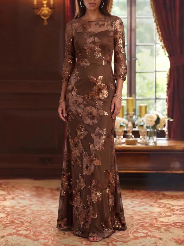 Robe Mère de la Mariée Florale en Dentelle Brodée, Gaine/Colonne, Col Rond, Manches 3/4, Longueur au Sol