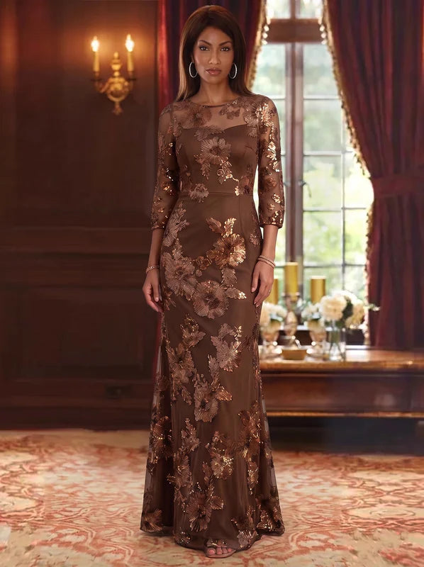 Robe Mère de la Mariée Florale en Dentelle Brodée, Gaine/Colonne, Col Rond, Manches 3/4, Longueur au Sol