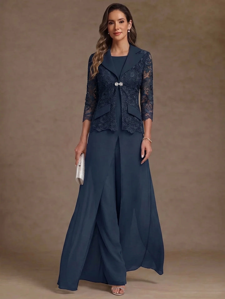3 Pièces Tailleur Pantalon Mère de la Mariée en Mousseline, Col Rond, Longueur Cheville, Manches 3/4, avec Veste et Surjupe en Dentelle