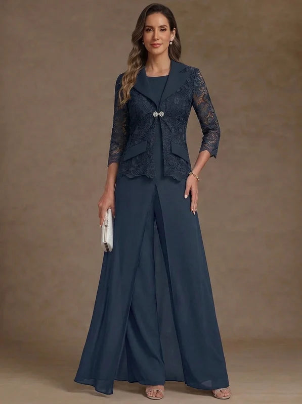 3 Pièces Tailleur Pantalon Mère de la Mariée en Mousseline, Col Rond, Longueur Cheville, Manches 3/4, avec Veste et Surjupe en Dentelle