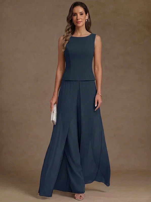 3 Pièces Tailleur Pantalon Mère de la Mariée en Mousseline, Col Rond, Longueur Cheville, Manches 3/4, avec Veste et Surjupe en Dentelle