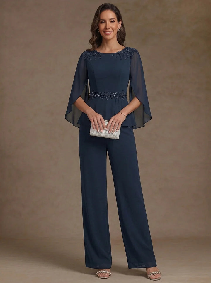 2 Pièces Tailleur Pantalon Mère de la Mariée en Mousseline, Col Rond, Longueur de la Cheville, Manches 3/4, avec Perles