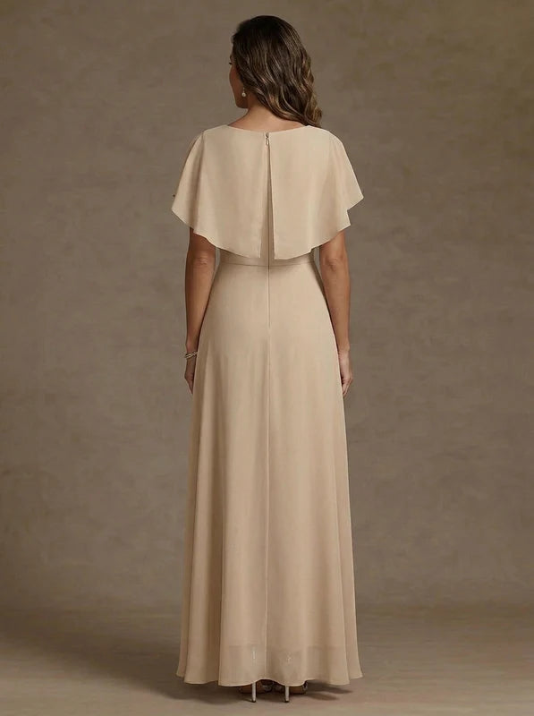 Robe Mère de la Mariée en Mousseline, Col Rond, Ligne A/Princesse, Longueur au Sol Asymétrique, Manches Courtes