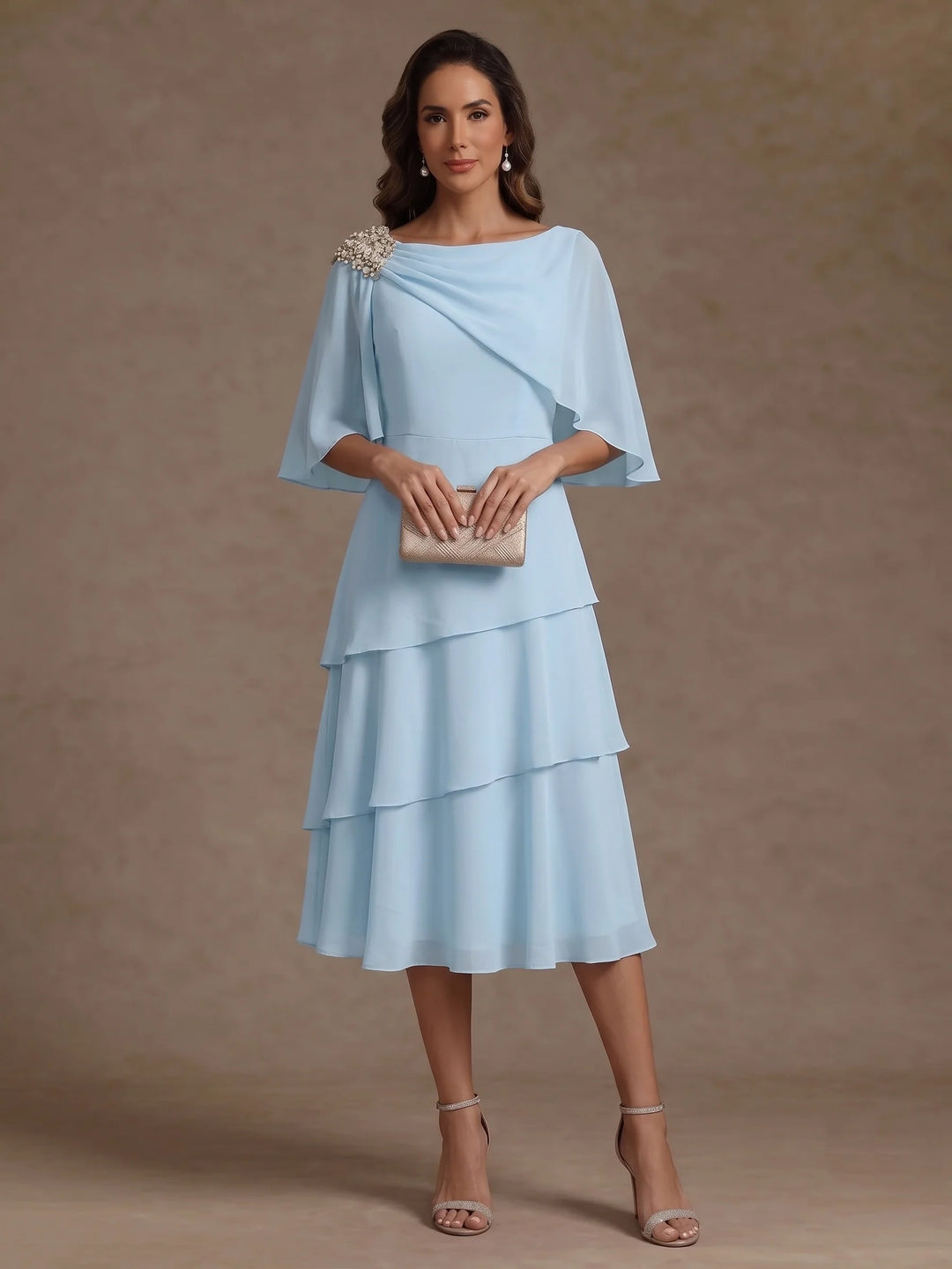 Robe Mère de la Mariée en Mousseline, Col Bateau, Ligne A/Princesse, Longueur Midi, Manches Cape, à Volants