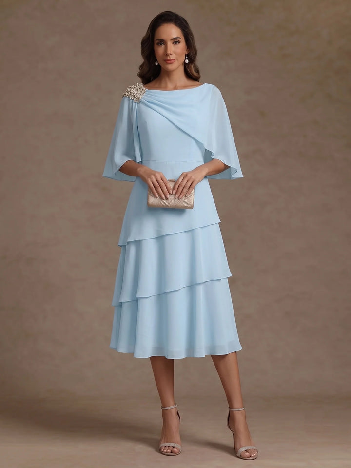Robe Mère de la Mariée en Mousseline, Col Bateau, Ligne A/Princesse, Longueur Midi, Manches Cape, à Volants