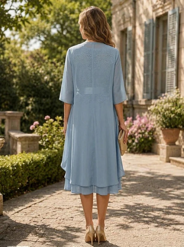 Robe Mère de la Mariée Florale en Mousseline Ligne A/Princesse à Col Rond Manches 3/4 Longueur Midi avec Veste