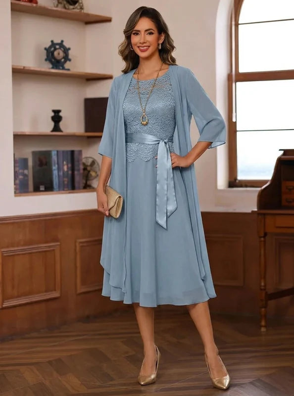 Robe Mère de la Mariée Florale en Mousseline Ligne A/Princesse à Col Rond Manches 3/4 Longueur Midi avec Veste