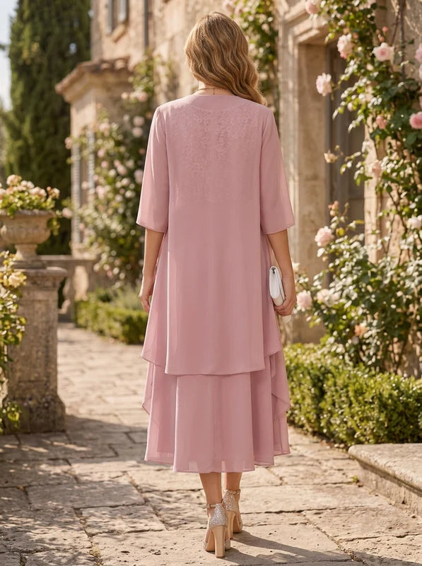 Robe Mère de la Mariée Florale en Mousseline Ligne A/Princesse à Col Rond Manches Mi-Longues Longueur Midi à Volants avec Veste