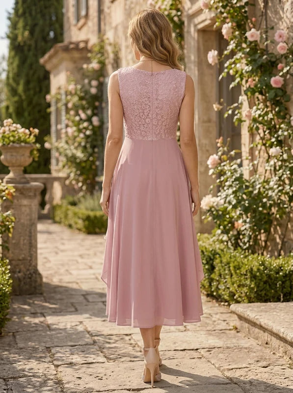 Robe Mère de la Mariée Florale en Mousseline Ligne A/Princesse à Col Rond Manches Mi-Longues Longueur Midi à Volants avec Veste