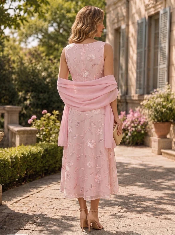 Robe Mère de la Mariée en Mousseline à Col Rond Ligne A/Princesse Longueur Midi avec Châle