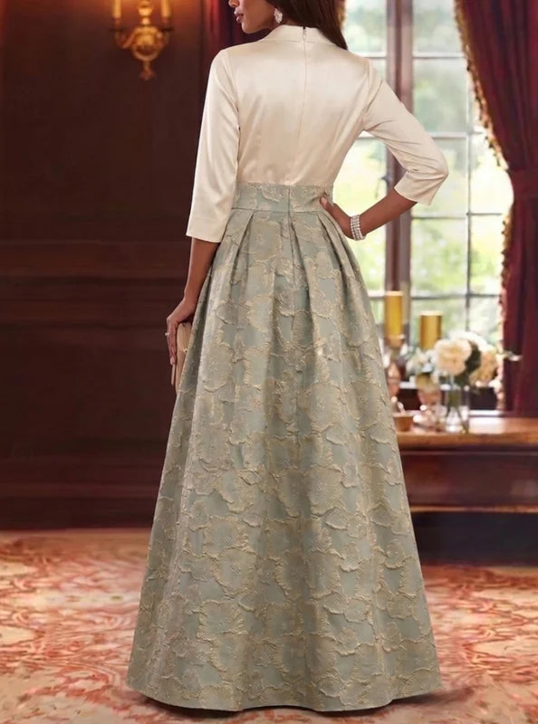 Robe Mère de la Mariée en Jacquard à Col V Ligne A/Princesse Longueur au Sol Florale Manches 3/4