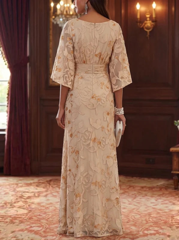 Robe Mère de la Mariée en Mousseline à Col Rond Gaine/Colonne Longueur au Sol Florale Manches 3/4