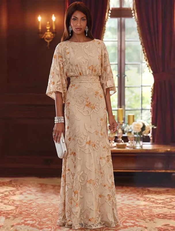 Robe Mère de la Mariée en Mousseline à Col Rond Gaine/Colonne Longueur au Sol Florale Manches 3/4